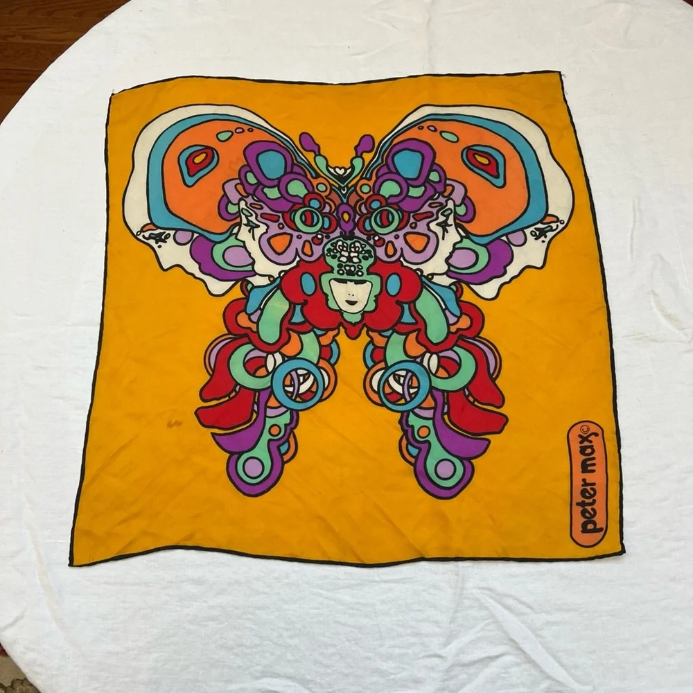 Peter Max Scarf Vintage 1970s Butterfly Psychedelic Vivid Color Gold Silk? - Picture 2 of 15